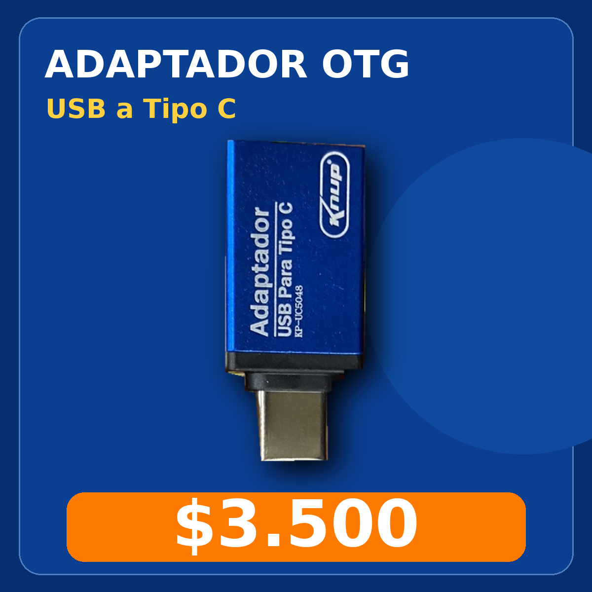 Adaptador OTG KZUP azul, USB-A a USB-C, fotografiado para Nexo Ang